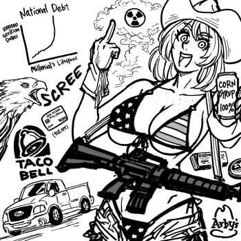 Rule 34 | 1girl, absurdres, american flag, american flag bikini, american flag print, ar-15, arby's, bald eagle, bb (baalbuddy), bikini, bird, breasts, can, cleavage, cowboy hat, credit card, eagle, english text, explosion, female focus, flag print, flag print bikini, ford, ford f-150, fourth of july, freckles, front-tie bikini top, front-tie top, greyscale, gun, hat, highres, holding, holding can, large breasts, middle finger, monochrome, motor vehicle, nuclear explosion, original, ozempic, patriotism, print bikini, radiation symbol, rifle, smile, solo, swimsuit, taco bell, thong bikini, toned, truck, unbuttoned, underboob, united states, unzipped, weapon, zyn (nicotine)
