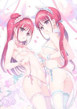 2girls animal_ears ass balloon bare_shoulders blue_bow blue_hairband blush bow bow_panties breasts cat_ears comiket_107 commentary_request double_bun fake_animal_ears flower frilled_hairband frilled_thighhighs frills groin hair_bow hair_bun hairband highres long_hair low_twintails multiple_girls open_mouth original panties petals pink_flower pink_hairband pink_rose purple_eyes rabbit_ears red_hair ribbon-trimmed_thighhighs ribbon_trim rose siblings side-tie_panties sisters small_breasts takei_ooki thighhighs twins twintails underwear very_long_hair white_background white_flower white_panties white_rose white_thighhighs wrist_cuffs
