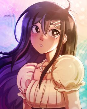 1girl alternate_costume alternate_universe antenna_hair artist_name black_eyes black_hair blush bright_pupils commentary double-parted_bangs dress english_commentary hair_between_eyes hair_ornament hairclip highres jewelry long_hair long_sidelocks looking_at_viewer mari_(faraway)_(omori) mari_(omori) necklace omori parallel_hairclips parted_lips puffy_short_sleeves puffy_sleeves short_sleeves sidelocks solo upper_body white_dress white_pupils zoewillowz