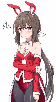 Rule 34 | 1girl, admire vega (umamusume), animal ears, blush, breasts, brown hair, cleavage, closed mouth, collarbone, commentary request, detached sleeves, hair between eyes, hair ornament, highres, hiro (pqtks113), horse ears, horse tail, looking at viewer, medium breasts, necktie, pantyhose, ponytail, purple eyes, santa costume, simple background, solo, tail, umamusume, white background