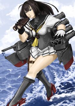 1girl akizuki_(kancolle) black_hair black_headband black_sailor_collar blue_sky clothes_writing cloud hachimaki hair_ornament headband highres kantai_collection long_hair ocean propeller_hair_ornament sailor_collar school_uniform sky solo tyokugekidato