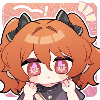 Rule 34 | 1girl, aged down, augusta (wuthering waves), black bow, black shirt, border, bow, chibi, chibi only, chinese commentary, closed mouth, commentary request, hair between eyes, hair bow, hands up, highres, jewelry, kyou 039, looking at viewer, multiple hair bows, necklace, notice lines, orange background, orange hair, red eyes, shirt, solo, tacet mark (wuthering waves), twintails, twitter username, upper body, white border, wuthering waves