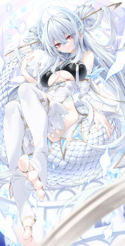 1girl absurdres blue_pupils breasts closed_mouth clothing_cutout commentary_request crossed_bangs detached_sleeves diamond-shaped_pupils diamond_(shape) double_bun dress fingernails full_body gold_trim greyscale hair_between_eyes hair_bun hand_up highres horns jewelry large_breasts long_hair long_sleeves matagi_14 monochrome original red_eyes scales sitting stirrup_legwear symbol-shaped_pupils thighhighs thighs toe_ring toeless_legwear toes underboob very_long_hair white_dress white_horns white_thighhighs