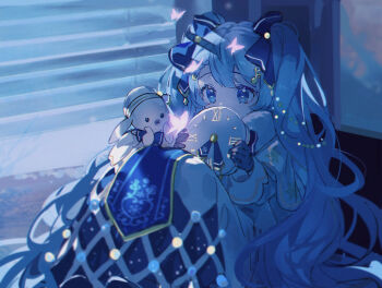 Rule 34 | 1girl, beret, blue eyes, blue gloves, blue hair, blue tabard, bug, butterfly, clock print, commentary, dress, fortissimo, gloves, gold trim, hair ornament, hat, hatsune miku, highres, hitokoto, holding, holding unworn clothes, holding unworn hat, insect, long hair, musical note, musical note hair ornament, rabbit yukine, roman numeral, sitting, solo, tabard, twintails, untranslatable commentary, unworn hat, unworn headwear, very long hair, vocaloid, white dress, white hat, yuki miku, yuki miku (2021)