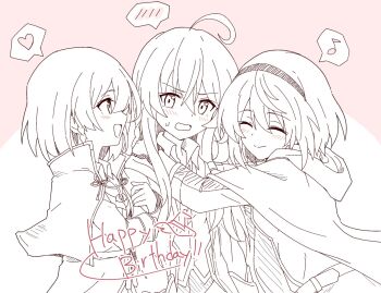 Rule 34 | 3girls, ahoge, amnesia (majo no tabitabi), arm hug, blush, capelet, cloak, closed eyes, closed mouth, collared shirt, elaina (majo no tabitabi), girl sandwich, hair between eyes, hairband, happy birthday, heart, hood, hood down, hug, jewelry, long hair, long sleeves, looking at another, majo no tabitabi, monochrome, multiple girls, musical note, open mouth, sandwiched, saya (majo no tabitabi), shiroirosky, shirt, short hair, smile, spoken blush, spoken heart, spoken musical note, sweatdrop, yuri