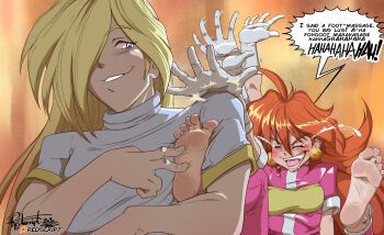 1boy 1girl abstract_background artist_name barefoot blonde_hair closed_eyes earrings english_text feet foot_focus gourry_gabriev hetero highres jewelry laughing lina_inverse long_hair open_mouth red_hair redscript77_(artist) slapping slayers smirk soles speech_bubble tears tickling tickling_feet toes