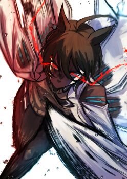 1girl absurdres agnes_tachyon_(tach-nology)_(umamusume) agnes_tachyon_(umamusume) ahoge animal_ears black_necktie black_pantyhose brown_hair chemical_structure coat commentary_request cork earrings eye_trail glowing glowing_eyes hair_between_eyes hasewo highres horse_ears horse_girl horse_tail jewelry lab_coat light_trail long_sleeves looking_at_viewer necktie pantyhose red_eyes running short_hair short_necktie single_earring sleeves_past_fingers sleeves_past_wrists solo sweater sweater_vest tail test_tube umamusume white_coat yellow_sweater yellow_sweater_vest