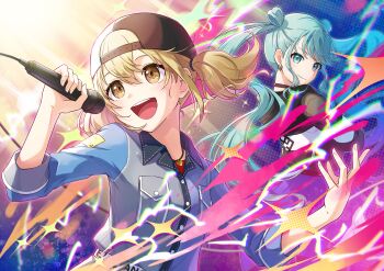 2girls aqua_eyes aqua_hair azusawa_kohane black_choker black_hat black_jacket blonde_hair choker closed_mouth collared_shirt colored_eyelashes commentary_request diamond_earrings earrings grey_shirt hair_between_eyes hair_ornament hat hatsune_miku highres holding holding_microphone jacket jewelry long_hair long_sleeves looking_at_another looking_back microphone multiple_girls open_mouth peron_(niki2ki884) project_sekai shirt short_hair smile teeth twintails upper_teeth_only very_long_hair vivid_bad_squad_(project_sekai) vivid_bad_squad_miku vocaloid yellow_eyes