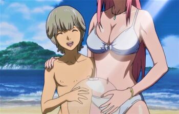 amanda_werner balloon beach bikini blassreiter breasts brother_and_sister curvy faceless faceless_female family_portrait grey_hair hands_on_shoulders head_out_of_frame highres jewelry large_breasts long_hair malek_werner midriff mountain mountainous_horizon nails navel neck necklace nipples ocean pink_hair ribbon screencap short_hair siblings sister smile sunlight swimsuit tagme waves white_bikini