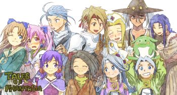 :d ;) arche_klein armor arms_up blonde_hair blue_bow blue_eyes blue_hair blush blush_stickers bow bracelet brown_gloves brown_hat character_request chester_burklight claus_f._lester closed_mouth collarbone commentary_request copyright_name cress_albane dio_(tales) earrings everyone fujibayashi_suzu gloves hair_bow happy hat headband heart_hands_failure jewelry kururu_(tales) long_hair looking_at_viewer medium_hair mel_(tales) milard_rune mint_adenade multiple_boys multiple_girls nurse_cap one_eye_closed open_mouth pink_eyes pink_hair ponytail red_bow short_hair simple_background smile sweatdrop tales_of_(series) tales_of_phantasia tales_of_phantasia:_narikiri_dungeon tales_of_phantasia:_narikiri_dungeon_x toraneko v white_background white_hat white_headband wide_ponytail