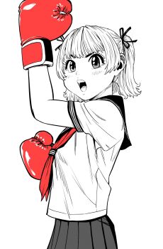 Rule 34 | 1girl, boxing gloves, breasts, commentary request, eyebrows hidden by hair, eyelashes, from side, gloves, greyscale, hair ribbon, hatching (texture), highres, lee (dragon garou), light blush, looking at viewer, medium breasts, monochrome, neckerchief, open mouth, original, pleated skirt, raised fist, red gloves, red neckerchief, ribbon, school uniform, serafuku, skirt, solo, spot color, twintails, upper body, v-shaped eyebrows