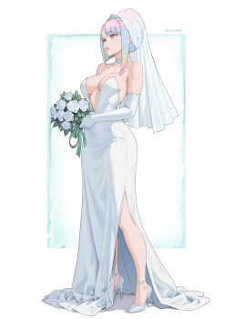 1girl absurdres artist_name bare_shoulders blonde_hair blue_background blue_eyes blue_hair bouquet breasts bridal_veil choker cleavage commentary cyberpunk:_edgerunners cyberpunk_(series) dress elbow_gloves english_commentary flower full_body gloves green_hair highres holding holding_bouquet lips lucy_(cyberpunk) medium_breasts melowh multicolored_hair parted_lips pink_hair rose shoes solo standing two-tone_background veil wedding_dress white_background white_choker white_dress white_flower white_gloves white_rose white_shoes
