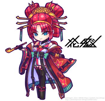 1girl belt black_gloves black_thighhighs blue_eyes buckle chibi coat commentary_request datehyogo full_body garter_straps gloves hair_ornament holding holding_smoking_pipe kanzashi kiseru looking_at_viewer nihongami off_shoulder oiran okobo original platform_clogs platform_sandals pouch red_coat red_hair sandals shingo_(picturepuzzle) smoking_pipe snap-fit_buckle solo standing tabi thighhighs tsurime unzipped white_background yuujo zipper zipper_pull_tab