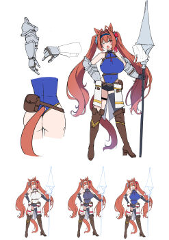 1girl absurdres animal_ears arm_guards armpits ass bare_shoulders belt black_leotard blue_leotard blush boots bow breasts brown_hair covered_navel daiwa_scarlet_(umamusume) fang framed_breasts hair_between_eyes hair_intakes highres holding holding_polearm holding_weapon horse_ears horse_girl horse_tail keycccat knee_boots knight large_breasts leotard long_hair looking_at_viewer navel open_mouth polearm red_eyes shorts skin_fang tail tiara twintails umamusume very_long_hair waist_cape weapon white_leotard