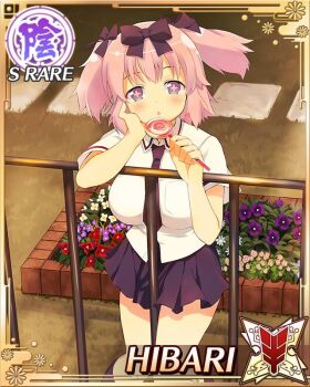 Rule 34 | + +, 1girl, against railing, blue eyes, blue necktie, blue skirt, border, bow, breasts, candy, card (medium), character name, collared shirt, flower-shaped pupils, flower bed, food, game cg, grass, hair bow, hand on own face, hanzou academy school uniform, hibari (senran kagura), holding, holding candy, holding food, holding lollipop, large breasts, licking, licking food, lollipop, looking at viewer, necktie, official art, pink hair, pink pupils, pleated skirt, railing, school uniform, senran kagura, senran kagura new wave, shirt, short twintails, skirt, solo, sunset, swirl lollipop, symbol-shaped pupils, third-party source, tongue, tongue out, twintails, white shirt