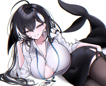 1girl arm_support black_hair black_thighhighs breasts button_gap clenched_teeth haze_(7h4ze) highres id_card large_breasts long_hair looking_at_viewer lying office_lady on_side orca_(haze_(7h4ze)) orca_girl original pencil_skirt shirt simple_background skirt solo teeth thighhighs white_background white_eyes white_shirt white_streaks