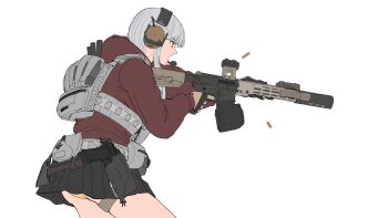 Rule 34 | 1girl, absurdres, aiming, aimpoint, ammunition pouch, ar-15, assault rifle, axe, belt, body armor, bulletproof vest, casing ejection, drum magazine, ear protection, finger on trigger, firing, flashlight, gloves, grey hair, gun, handgun, highres, holding, holding gun, holding weapon, holster, holstered, hood, hoodie, laser sight, lauging man (shun a t i o), load bearing vest, long hair, long sleeves, looking to the side, magazine (weapon), miniskirt, optical sight, original, panties, pleated skirt, pouch, red hoodie, rifle, shell casing, simple background, skirt, solo, standing, suppressor, tactical clothes, underwear, upskirt, weapon, yellow panties