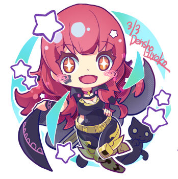 1girl belt black_cape black_cat bodysuit breasts cape cat chibi chibi_only choker cleavage clothing_cutout commentary_request facial_mark fire_emblem fire_emblem_engage gold_belt hair_ornament highres long_hair looking_at_viewer medium_breasts nintendo pink_choker purple_bodysuit red_eyes red_hair ryoto_soukyuu side_cutout smile solo star_(symbol) star_facial_mark star_hair_ornament two-tone_cape yellow_belt yunaka_(fire_emblem)