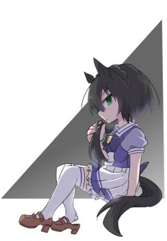 Rule 34 | 1girl, animal ears, beer hsk, black hair, bow, braid, brown shoes, closed mouth, crown braid, frilled skirt, frills, from side, green eyes, grey background, hand up, horse ears, horse girl, horse tail, kin'iro ryotei (umamusume), long hair, low ponytail, pleated skirt, ponytail, profile, puffy short sleeves, puffy sleeves, purple bow, purple shirt, school uniform, shirt, shoes, short sleeves, skirt, solo, tail, thighhighs, tracen school uniform, two-tone background, umamusume, very long hair, white background, white skirt, white thighhighs