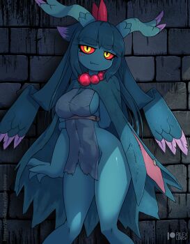 1girl arm_at_side arm_behind_back artist_name bead_necklace beads blue_cloak blue_hair blue_skin blunt_bangs blush breasts brick_wall cloak closed_mouth colored_sclera colored_skin colored_tips covered_erect_nipples dress fang female_focus flutter_mane grey_dress half-closed_eyes happy head_wings highres holding_own_arm jewelry long_hair looking_at_viewer medium_breasts monster_girl multicolored_hair necklace nintendo no_panties patreon_logo patreon_username pelvic_curtain personification pokemon pokemon_(creature) purple_hair red_sclera rilex_lenov short_dress sideboob sidelocks skin_fang smile solo standing stitches thighs two-tone_hair watermark web_address wings yellow_eyes