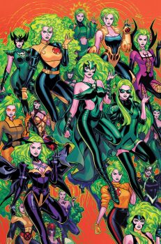 Rule 34 | 1girl, armor, bat wings, big hair, black dress, black thighhighs, bodysuit, breasts, cape, cleavage, clenched hand, clothing cutout, comic cover, commentary, cosplay, covered abs, covered navel, cropped jacket, curly hair, domino mask, dress, english commentary, eye mask, fake wings, green bodysuit, green cape, green dress, green eyes, green hair, green jacket, green lips, green nails, green theme, head wings, highres, hip vent, jacket, long hair, looking at viewer, lorna dane, magneto, magneto (cosplay), marvel, mask, multiple persona, official alternate costume, official art, orange background, pauldrons, polaris (x-men), russell dauterman, shoulder armor, skull, stomach cutout, sunglasses, superhero costume, textless version, thighhighs, two-tone dress, wings, x-men, zettai ryouiki