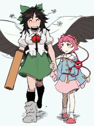 Rule 34 | 2girls, arm cannon, bird wings, black hair, black hairband, black socks, black wings, blue shirt, bow, buttons, cape, closed eyes, closed mouth, collared shirt, control rod, eyeball, flower, frilled shirt collar, frilled sleeves, frills, full body, green bow, green skirt, hair bow, hair ornament, hairband, heart, heart button, heart hair ornament, height difference, highres, komeiji satori, long hair, long sleeves, looking at another, looking to the side, messy hair, multiple girls, open mouth, pink footwear, pink hair, pink skirt, reiuji utsuho, shirt, short hair, simple background, skirt, slippers, smile, socks, taco touhou, teeth, third eye, touhou, upper teeth only, walking, weapon, white background, white cape, white shirt, wings