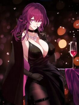 1girl alcohol black_dress black_gloves black_pantyhose breasts center_opening cleavage commentary cup dress drinking_glass elbow_gloves gloves grin hair_between_eyes highres honkai:_star_rail honkai_(series) jewelry kafka_(honkai:_star_rail) large_breasts long_hair looking_at_viewer necklace pantyhose ponytail purple_eyes purple_hair saint_laurent_paris sleeveless sleeveless_dress smile solo wine_glass