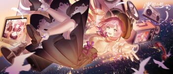 1girl absurdres alternate_costume black_shoes black_skirt blue_eyes boombox breasts brown_hat city crt elysia_(honkai_impact) hat high-waist_skirt highres holding honkai_(series) honkai_impact_3rd large_breasts logo long_hair long_skirt looking_at_viewer midair open_mouth phone pink_hair pink_pupils pointy_ears reaching reaching_towards_viewer sang_sha second-party_source shirt shoes skirt smile solo speaker stereo yellow_shirt