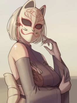 Rule 34 | 1girl, 2b (nier:automata), black hairband, blue eyes, bob cut, commentary, detached sleeves, english commentary, fox mask, hairband, highres, japanese clothes, looking at viewer, mask, masked, nier:automata, nier (series), pulkamen, shirt, short hair, sleeveless, solo, upper body, white shirt