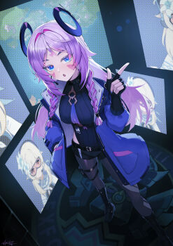 1girl absurdres aquilar black_boots black_gloves black_pantyhose boots braid citlali_(genshin_impact) commentary_request facial_mark fingerless_gloves genshin_impact gloves hand_in_pocket highres jacket looking_at_viewer lumine_(genshin_impact) monitor open_mouth pantyhose pink_hair purple_jacket ring_hair_ornament solo thigh_strap twin_braids