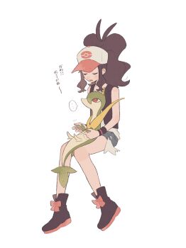 ... 1girl bare_shoulders black_shoes blue_shorts brown_hair closed_eyes full_body gen_5_pokemon hat highres hilda_(pokemon) hime_(himetya105) invisible_chair long_hair nintendo on_lap open_mouth pokemon pokemon_(creature) pokemon_bw pokemon_on_lap ponytail servine shirt shoes short_shorts shorts sitting sleeveless sleeveless_shirt spoken_ellipsis white_background white_shirt wristband
