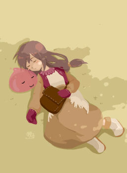 Rule 34 | 1girl, :3, bag, blush stickers, boots, brown hair, brown jacket, brown skirt, closed eyes, closed mouth, commentary request, full body, grass, jacket, long hair, long sleeves, merchant (ragnarok online), mittens, no lineart, on ground, poring, ragnarok online, red mittens, shirt, skirt, sleeping, slime (creature), solo, waterlessy, white boots, white shirt