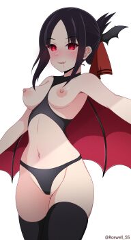 1girl absurdres artist_name bat_hair_ornament black_panties black_thighhighs blood blood_from_mouth breasts collarbone cowboy_shot fangs groin hair_ornament hair_ribbon halloween highres kaguya-sama_wa_kokurasetai_~tensai-tachi_no_renai_zunousen~ medium_breasts navel nipples panties parted_bangs red_eyes ribbon roswell_ss shinomiya_kaguya shiny_skin smile solo thighhighs underwear vampire wings