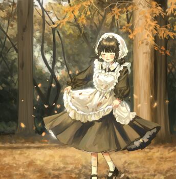 1girl absurdres apron apron_hold autumn autumn_leaves black_dress black_shoes blunt_bangs blush closed_eyes collared_dress commentary contrast_collar dress falling_leaves frilled_apron frills full_body headscarf heart_apron highres leaf long_sleeves low_twintails maid mary_janes open_mouth original petticoat puffy_long_sleeves puffy_sleeves sasami_(shiroi_fuwafuwa) shoes short_hair short_twintails smile socks solo standing symbol-only_commentary tree twintails white_apron white_headscarf white_socks
