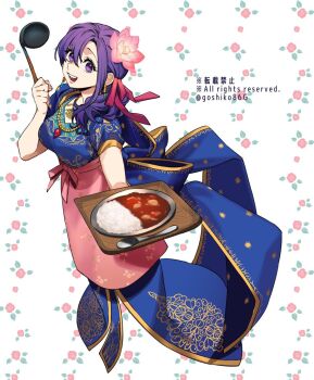 1girl apron blue_bow bow breasts earrings fate/grand_order fate_(series) floral_background flower food full_body goshiko86g hair_flower hair_ornament hair_ribbon holding holding_spoon holding_tray indian_clothes jewelry long_hair looking_at_viewer medium_breasts necklace parvati_(fate) pink_apron purple_eyes purple_hair red_ribbon ribbon short_sleeves smile solo spoon teeth tray waist_apron