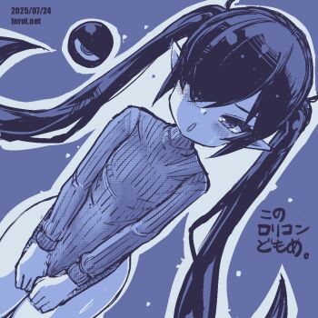 1girl ;o backbeako_(torotei) backbeard blue_background blue_theme blush bottomless breasts clothes_tug commentary_request cowboy_shot dated dated_commentary dutch_angle gegege_no_kitarou hair_over_one_eye kono_lolicon_domome long_hair long_sleeves looking_at_viewer monochrome naked_sweater one_eye_closed open_mouth original paid_reward_available pear-shaped_figure pointy_ears ribbed_sweater simple_background small_breasts solo sweatdrop sweater sweater_tug torotei translated turtleneck turtleneck_sweater twintails watermark web_address