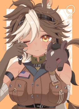 1girl american_flag animal animal_ear_fluff animal_ears animal_on_shoulder arm_strap belt black_belt breast_pocket breasts brown_eyes brown_gloves brown_hair chi_gu closed_eyes gloves highres horse_ears horse_girl horse_tail multicolored_hair one_eye_closed pocket second-party_source shirt sleeveless sleeveless_shirt streaked_hair tail tomoe_umari umarmy_(tomoe_umari) upper_body v-dere virtual_youtuber white_hair