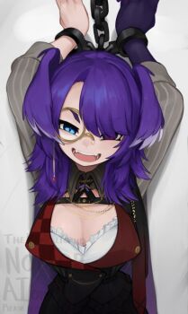 1girl :d arms_up blue_eyes bound breasts chain commentary cuffs english_commentary english_text fangs grey_background head_wings heterochromia jewelry large_breasts long_hair long_sleeves looking_at_viewer monocle nijisanji nijisanji_en official_alternate_costume open_mouth pinstripe_pattern purple_eyes purple_hair restrained selen_tatsuki selen_tatsuki_(phantom_thief) shackles simple_background slit_pupils smile solo striped v-shaped_eyebrows virtual_youtuber watermark wing_collar wings yoako