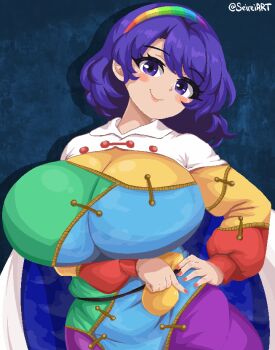 1girl breasts cape cloak cloud_print dress green_hairband green_headscarf hairband headscarf highres huge_breasts multicolored_dress multicolored_hairband namako_daibakuhatsu_(style) orange_sleeves patchwork_clothes pixel_art pointing pointing_down pointing_up purple_eyes purple_hair rainbow_gradient rainbow_hairband seireiart shoulder_guard sky_print solo tenkyuu_chimata touhou two-sided_cape two-sided_fabric white_cape white_cloak yellow_sleeves