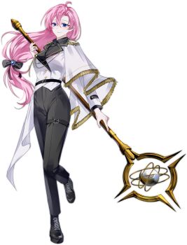 1girl absurdres black_pants blue_eyes epaulettes fringe_trim full_body highres holding holding_staff jacket long_hair low-tied_long_hair mole mole_under_mouth original pants pink_hair side_cape solo staff standing standing_on_one_leg very_long_hair white_background white_jacket yoonsa