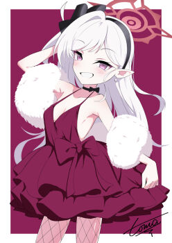 1girl armpit_crease black_hairband blue_archive border collarbone commentary_request cowboy_shot dress fishnet_pantyhose fishnets frilled_dress frills fur_shawl hairband halo highres long_hair looking_at_viewer mutsuki_(blue_archive) mutsuki_(dress)_(blue_archive) outside_border pantyhose pointy_ears purple_eyes red_background red_dress shawl signature simple_background smile solo standing toma_no_oekaki white_border white_hair