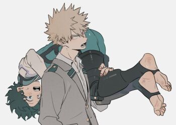 ass bakudeku bakugou_katsuki barefoot blonde_hair boku_no_hero_academia carrying carrying_person feet freckles green_eyes highres midoriya_izuku nervous pipipaint school_uniform superhero_costume yaoi