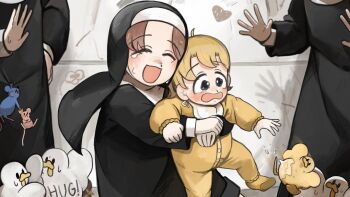 4girls :d aged_down baby baby_animal bird blonde_hair blue_eyes brown_hair chicken closed_eyes clumsy_nun_(diva) commentary diva_(hyxpk) dropping duck duckling english_commentary head_out_of_frame highres hug hungry_nun_(diva) lifting_person little_nuns_(diva) mouse_(animal) multiple_girls nun open_mouth smile traditional_nun