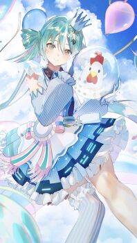 Rule 34 | 1girl, absurdres, balloon, blue shirt, blue sky, blush, closed mouth, cloud, collared shirt, commentary request, crown, detached sleeves, frilled shirt, frills, gloves, green eyes, green hair, hair between eyes, hair ornament, hatsune miku, heart, highres, kara-age kun, lawson, logo, long hair, long sleeves, looking at viewer, mini crown, shirt, sky, sleeveless, sleeveless shirt, smile, solo, star (symbol), star hair ornament, t0klma, tilted headwear, twintails, very long hair, vocaloid, white gloves