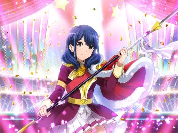 1girl blue_hair brown_eyes closed_mouth confetti epaulettes fur_trim game_cg hanayagi_kaoruko holding holding_polearm holding_weapon jacket jacket_on_shoulders long_sleeves looking_at_viewer medium_hair naginata official_art pleated_skirt polearm purple_jacket red_jacket red_sash sash shoujo_kageki_revue_starlight shoujo_kageki_revue_starlight_-re_live- skirt solo stage_lights standing upper_body weapon white_skirt