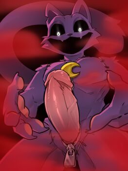 1boy animal_ears black_background black_sclera cat_boy cat_ears cat_tail catnap_(poppy_playtime) chinese_commentary claws colored_sclera colored_smoke commentary_request erection fang furry furry_male highres male_focus open_mouth pawpads pectorals penis poppy_playtime skin_fang smoke sssshark_1 tail toned toned_male white_eyes zipper