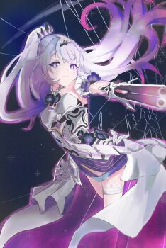 1girl absurdres blue_eyes breasts dress flower flower_ornament gradient_hair gun highres holding holding_gun holding_weapon honkai_(series) honkai_impact_3rd kiana_kaslana kiana_kaslana_(herrscher_of_finality) kurokoshou_(siakabe) medium_breasts multicolored_hair purple_flower purple_hair solo star-shaped_pupils star_(symbol) symbol-shaped_pupils thighs tiara two-tone_hair weapon white_dress white_hair