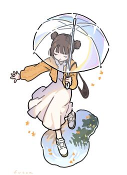 1girl artist_name bag brown_bag brown_hair cardigan choppy_bangs closed_eyes closed_mouth commentary double_bun dress falling_leaves from_above fucca full_body hair_bun holding holding_umbrella leaf long_sleeves original puddle reflection shoelaces shoes short_hair shoulder_bag simple_background sneakers solo standing transparent transparent_umbrella umbrella white_background white_dress white_shoes yellow_cardigan