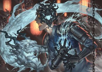 1boy armor black_gloves blue_kimono chain dragon floating_mask gloves grey_hair hand_on_own_chest japanese_clothes kimono looking_up lydialing_draws male_focus mask nose oni_mask open_mouth orange_eyes original pain scared short_hair shoulder_armor solo upper_body water