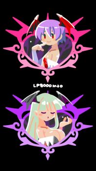 2girls animated bare_shoulders bouncing_breasts breasts capcom cleavage darkstalkers demon_girl green_hair head_wings highres large_breasts lilith_(darkstalkers) long_hair maou_(lp8000mao) morrigan_aensland multiple_girls purple_hair tagme video wings